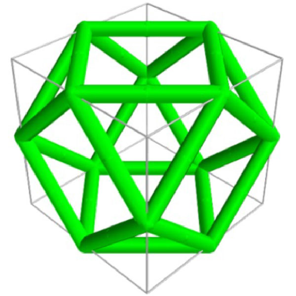 A cell unit made up of green struts sits within a cube. 