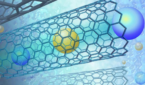 Artistic rendering of fast ion permeation inside single-walled carbon nanotubes. 