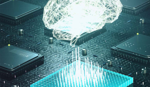A graphic showing a brain hovering above a microchip.